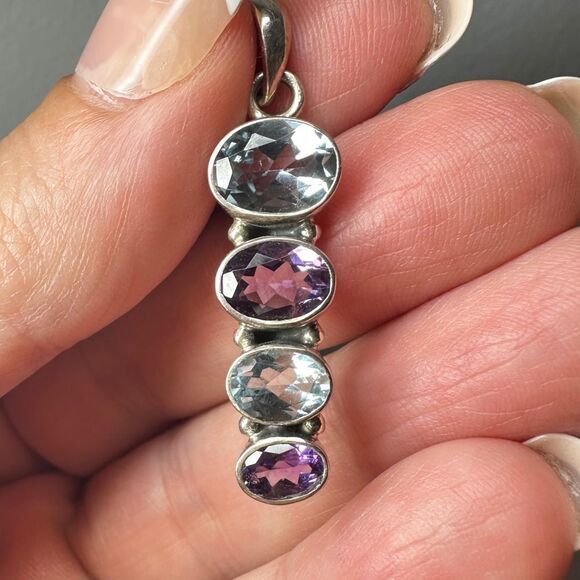 Stunning faceted, graduated oval cut Aquamarine and Amethyst, 925 pendant! - Picture 8 of 11